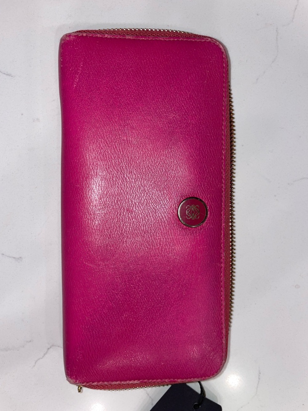 VINTAGE Loewe Hot Pink Zip-Around Leather Wallet with Gold logo Button W/ COA